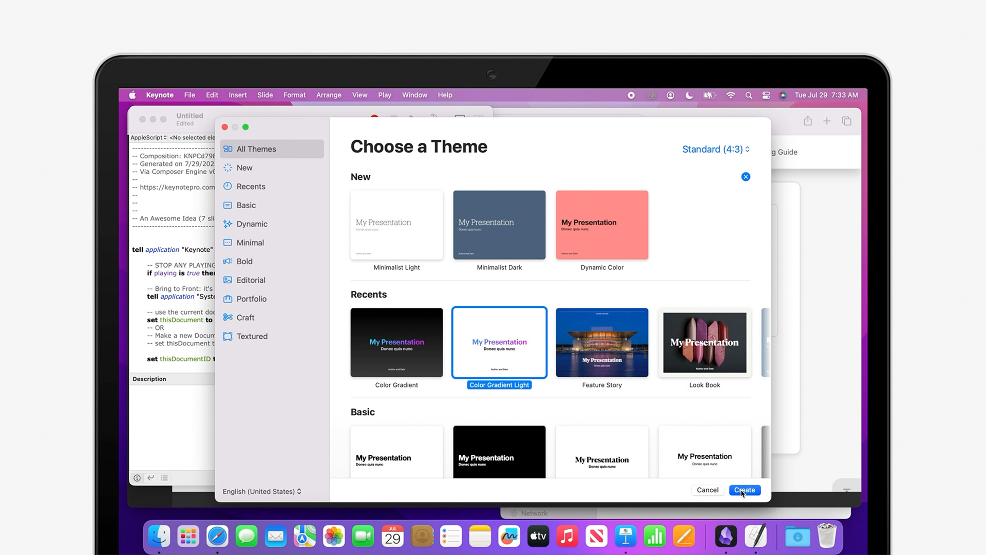 Select a theme in Keynote to set up a Build Target