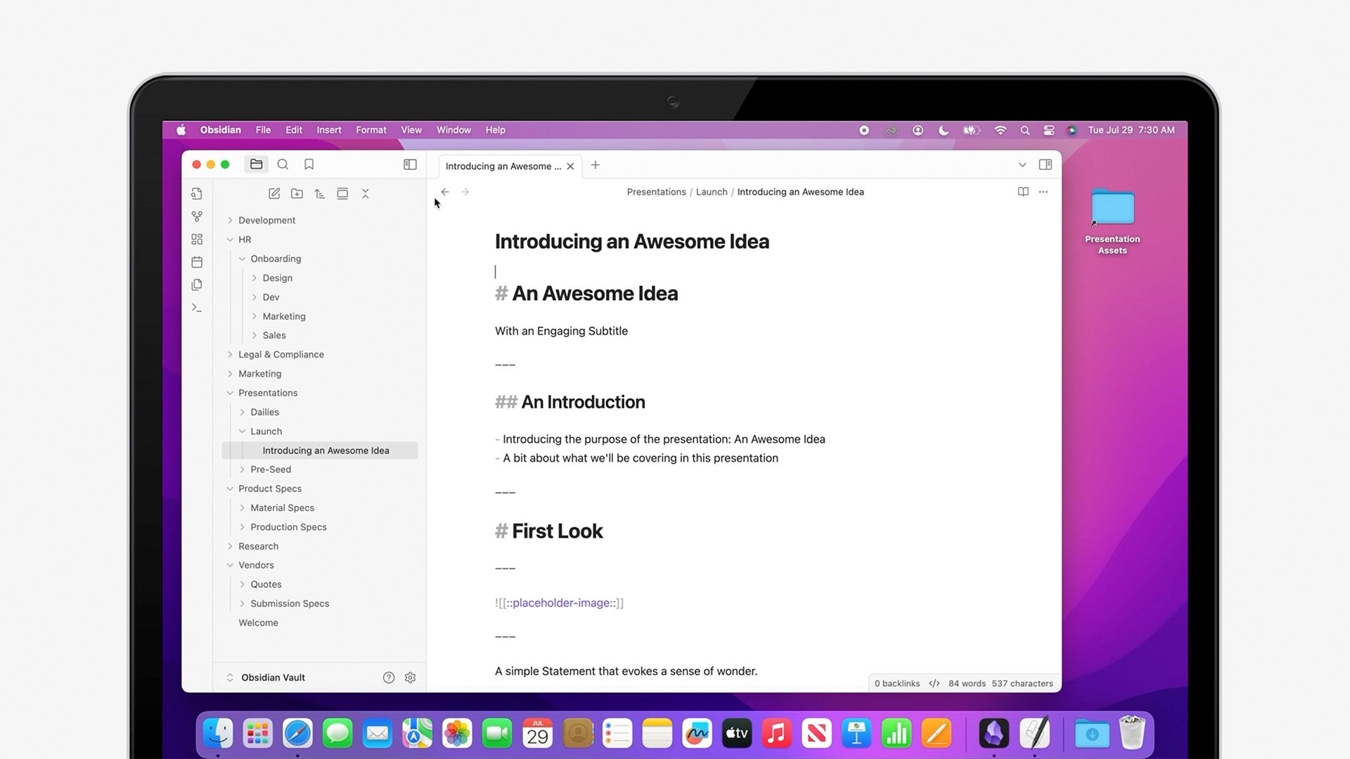 A Markdown-formatted presentation in the Obsidian app on Mac