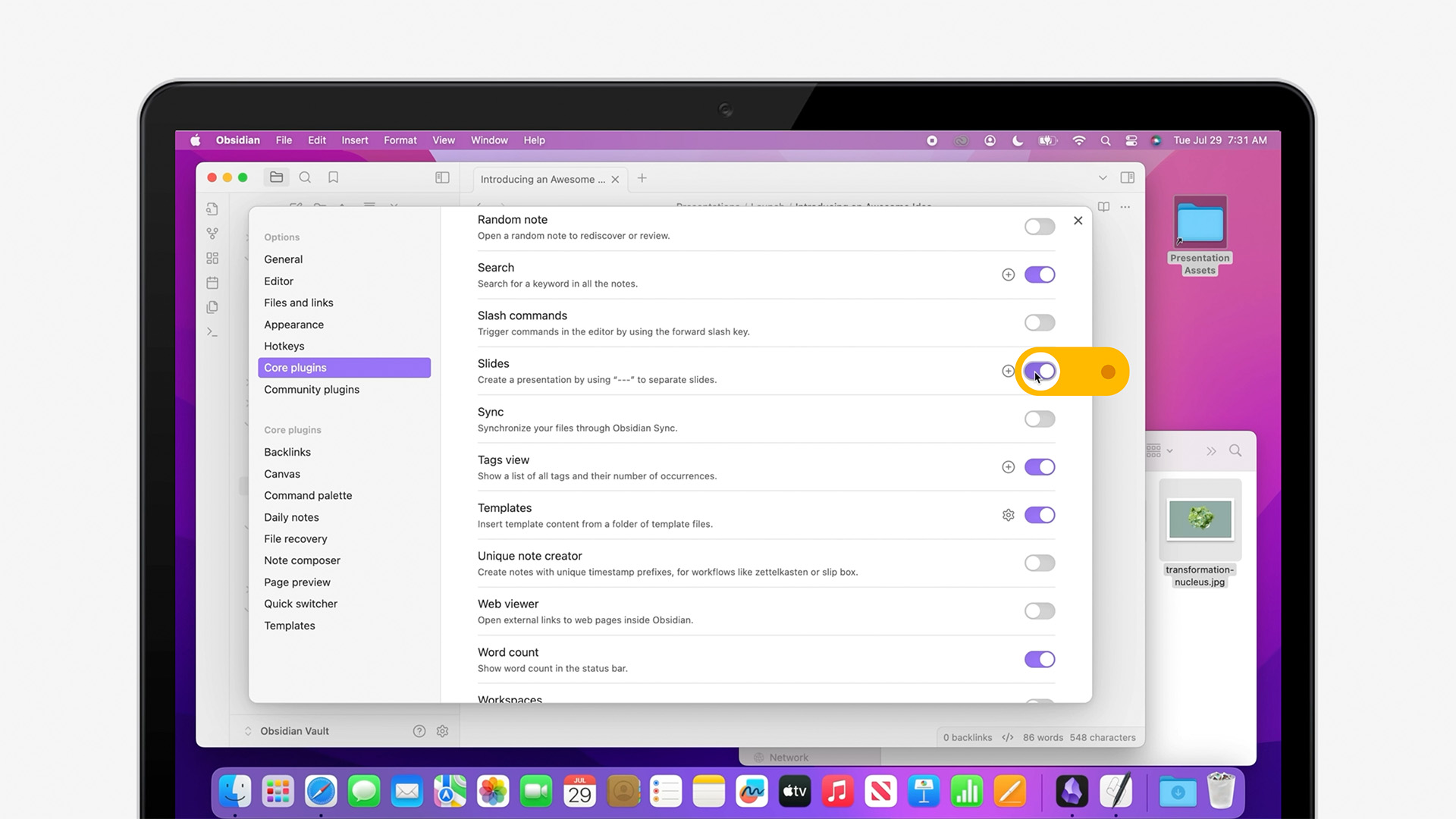 Enabling the Slides pugin in the Obsidian app on Mac
