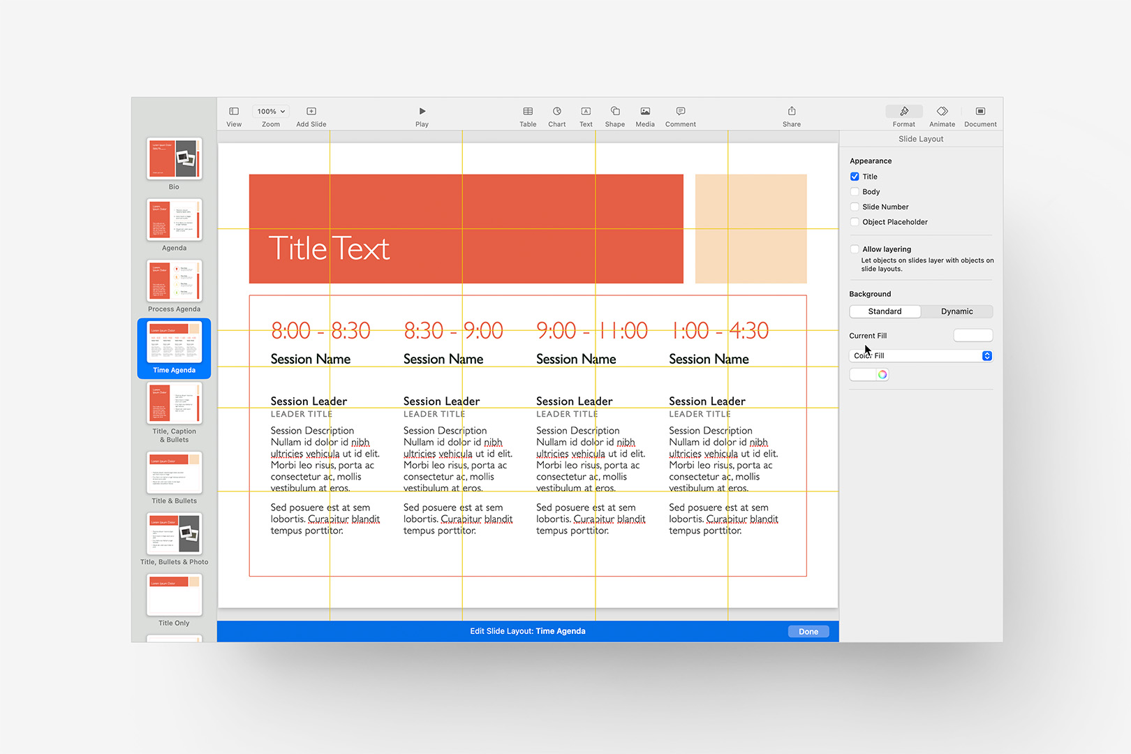 Original Time Agenda layout, prior to edit