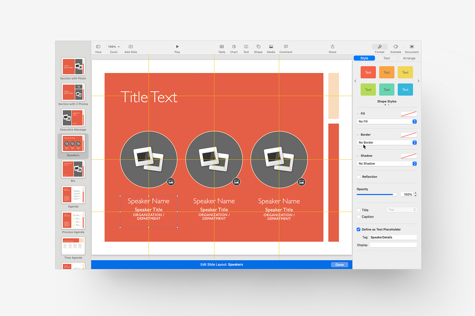 Initial view of the Speakers layout with a placeholder selected.