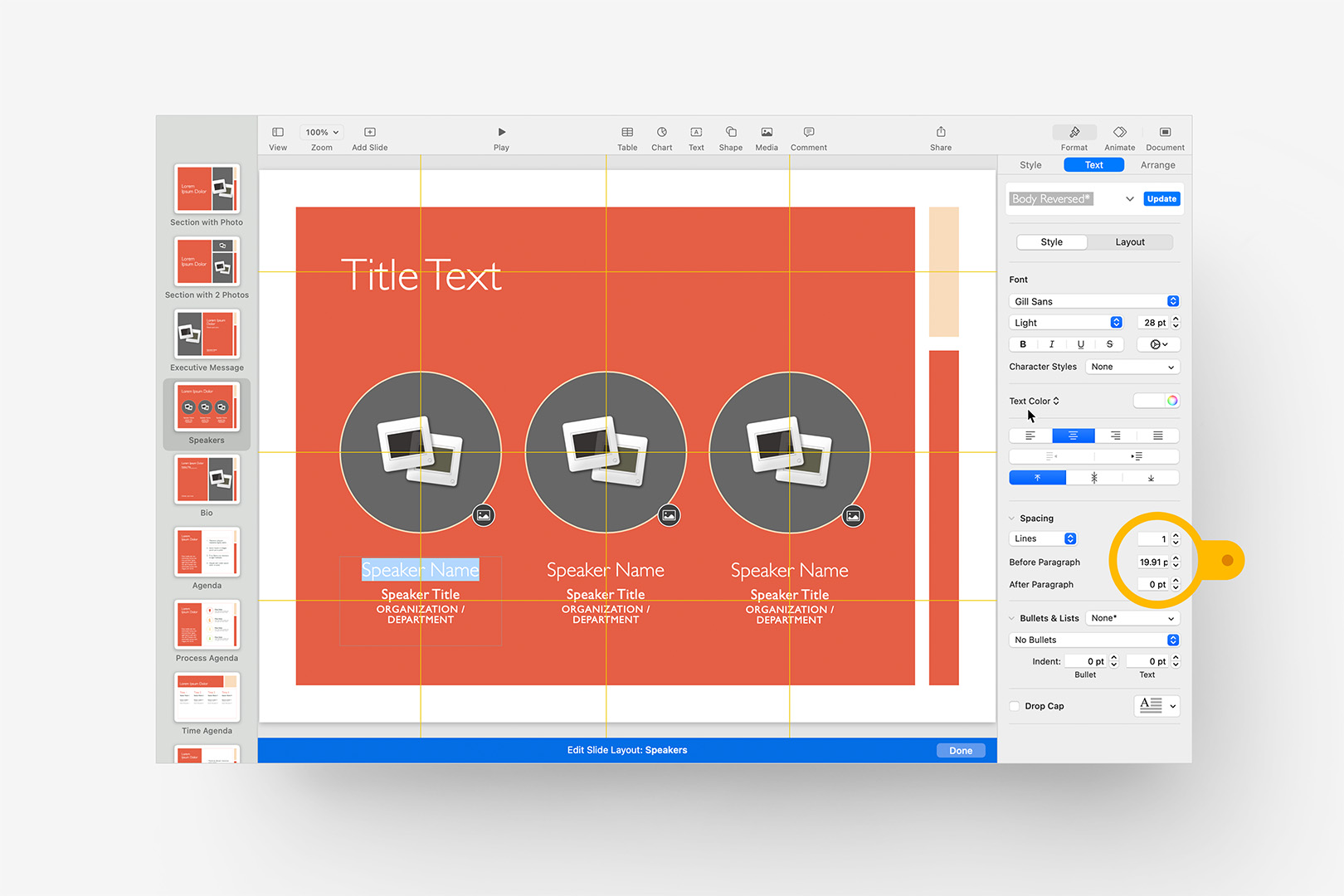 Inspecting the Spacing settings on the individual paragraphs in the placeholder.