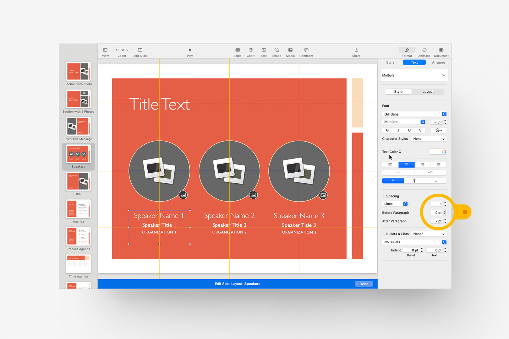 Inspecting the revised Spacing settings on the individual paragraphs in the placeholder.