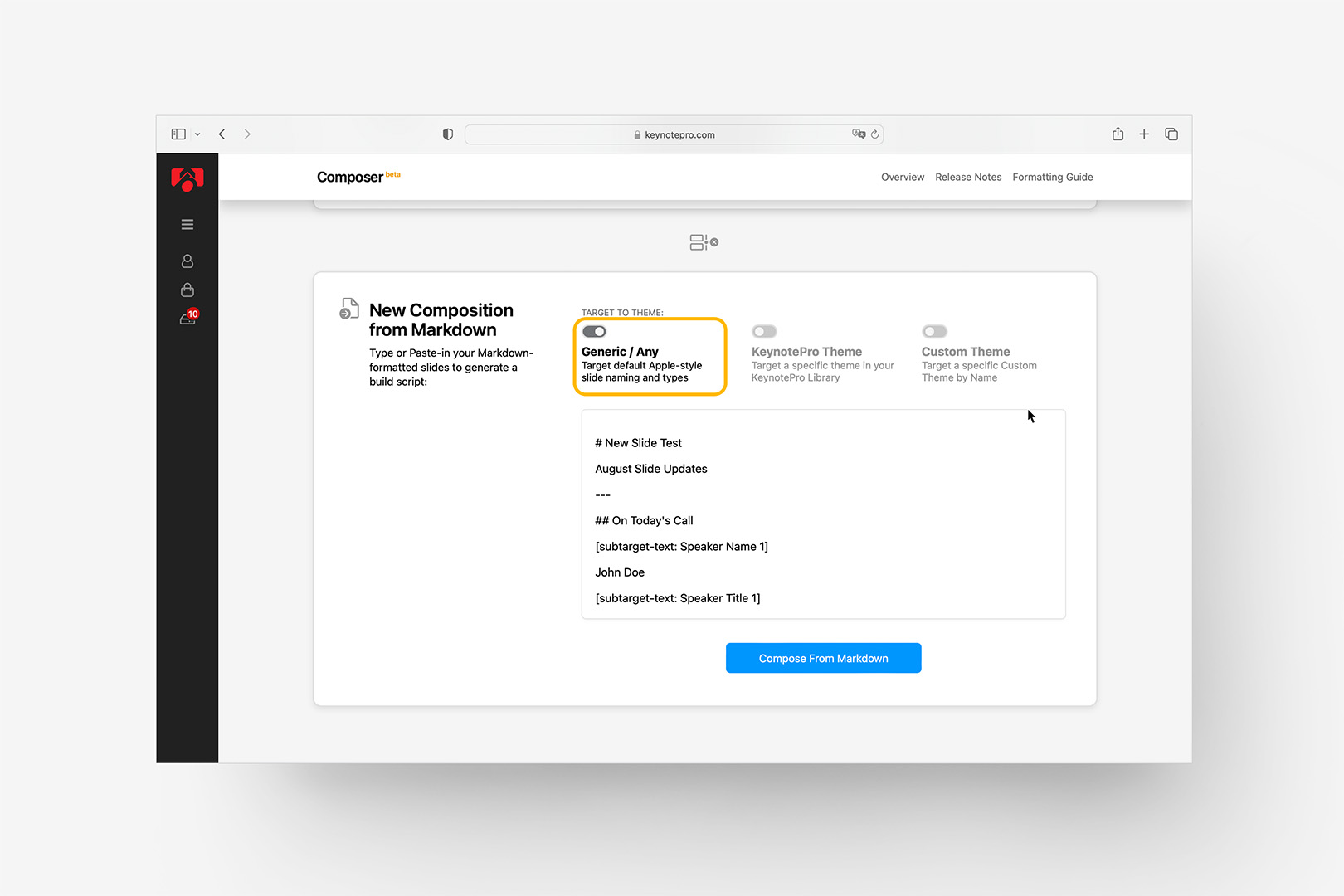 Choose the Generic theme target in Composer during testing.