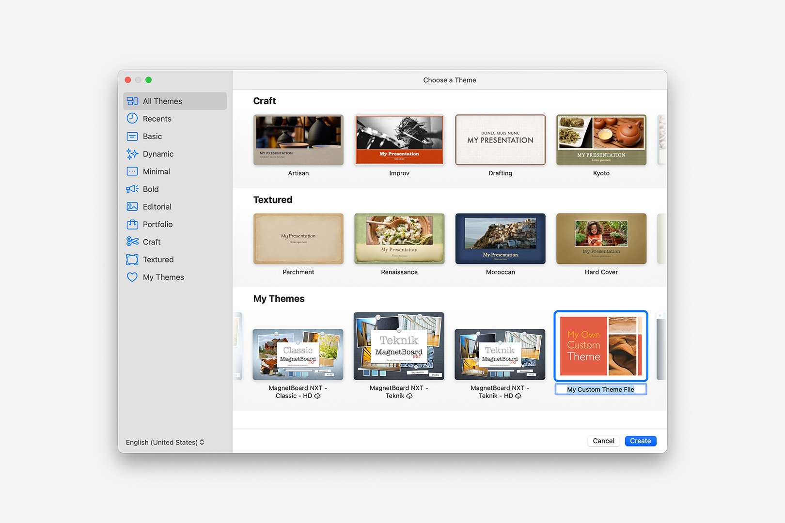 Open your updated .kth in Keynote: installed themes appear in the My Themes section.