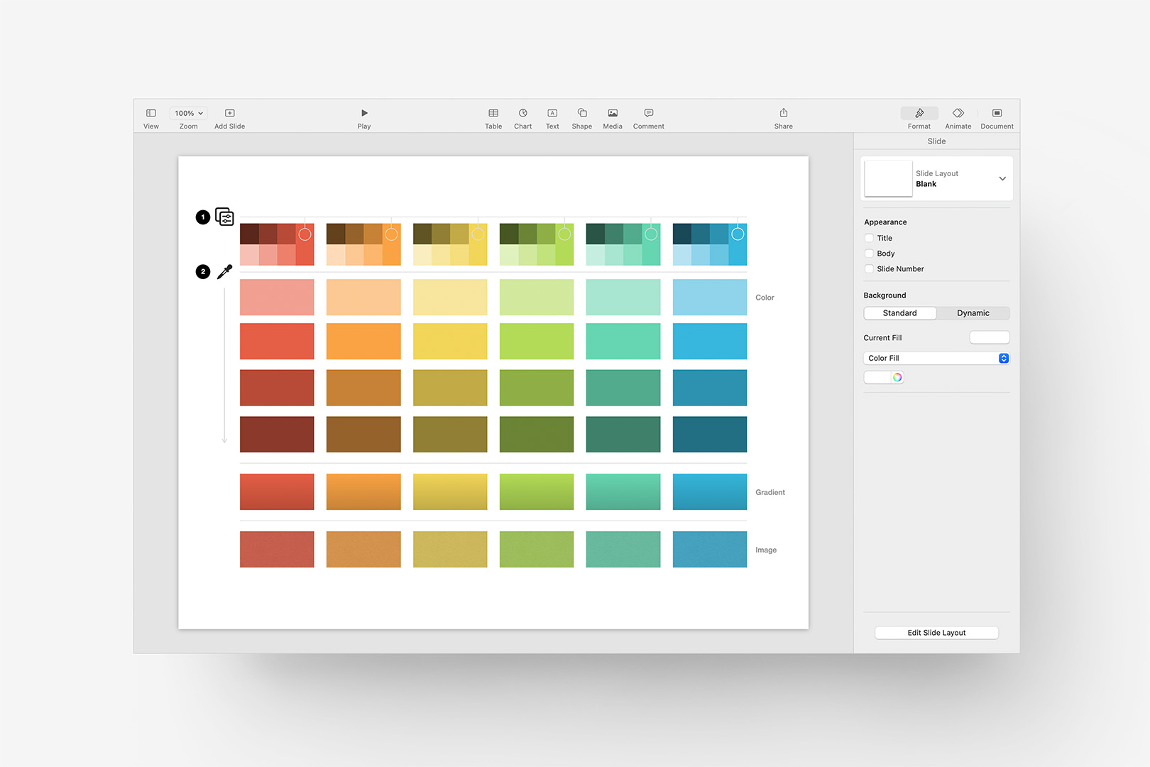 Repeat for the remaining accent colors to build a full 6-column palette.