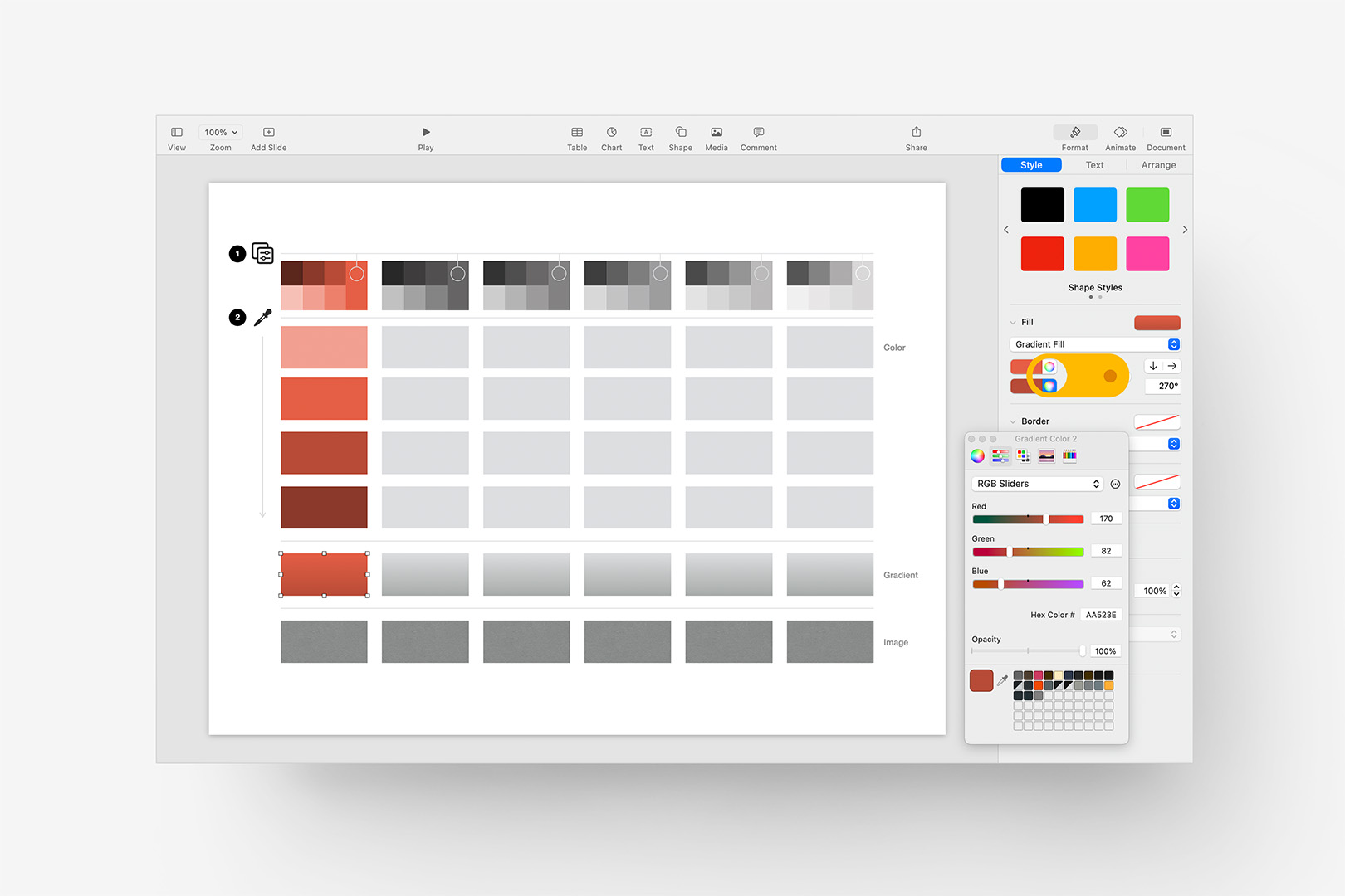 Sample two colors for the Gradient row.