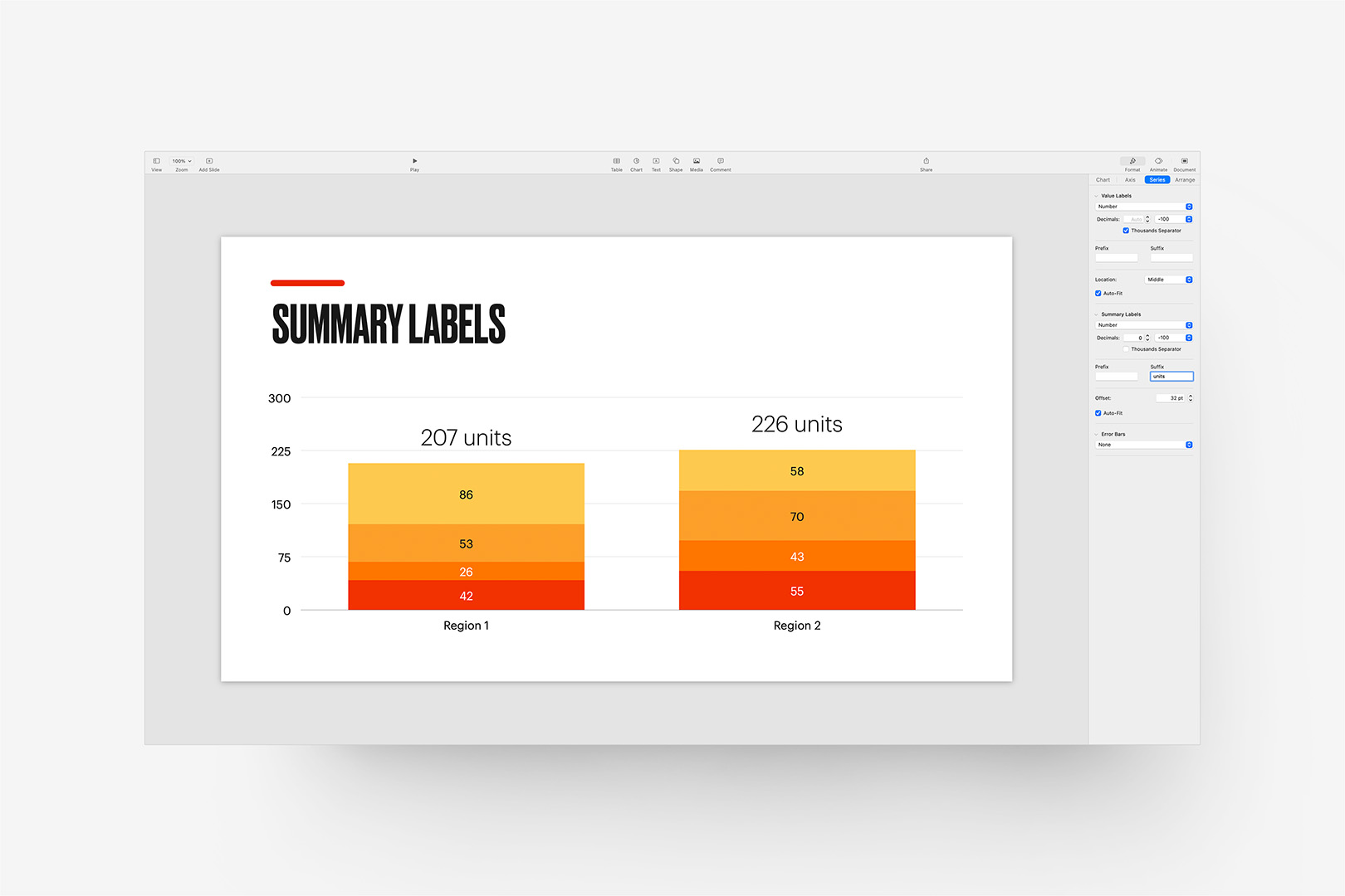 New Summary Label options for stacked charts, Keynote 13.1+