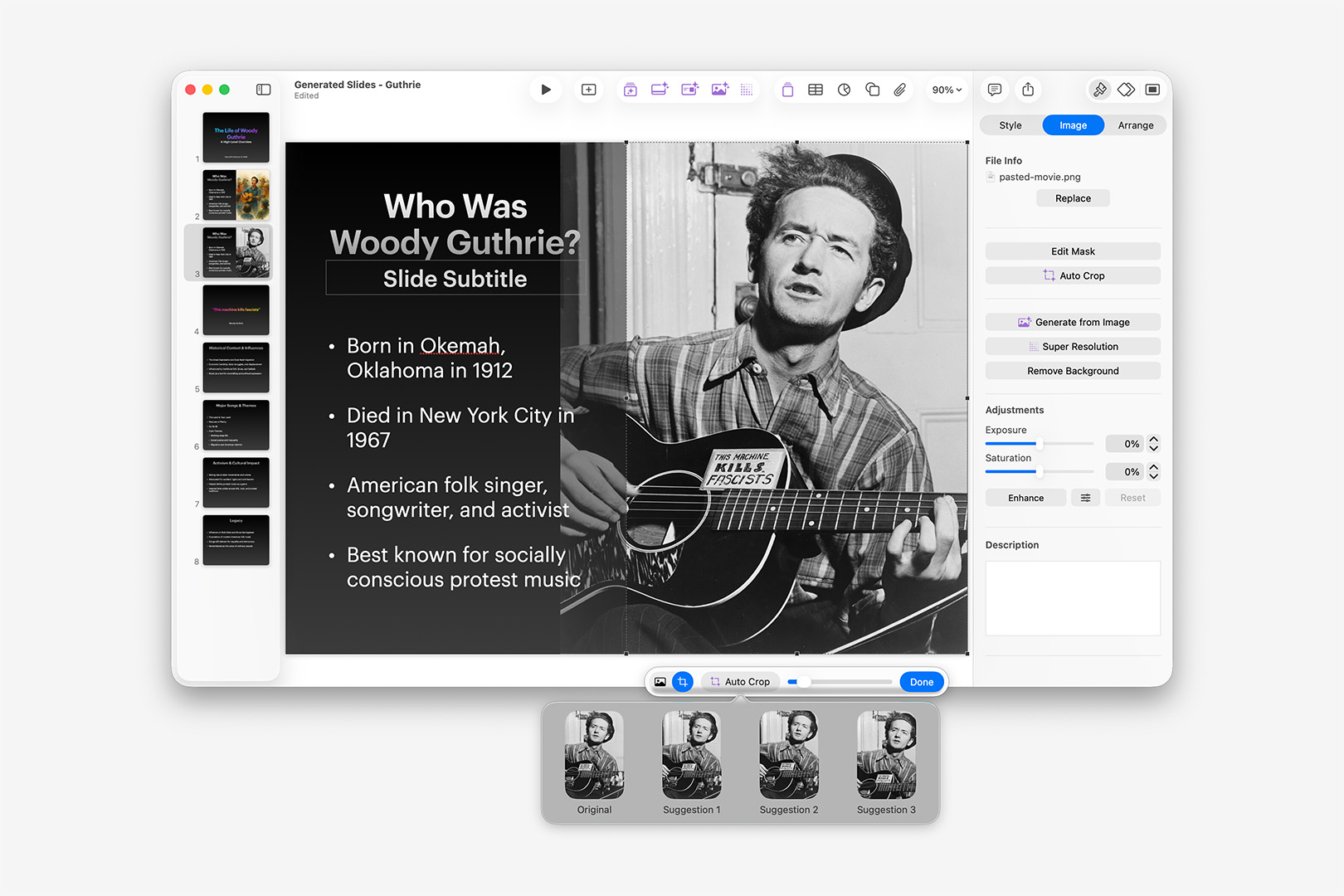 Auto Crop presents a pop-over modal offering alternate framing for the source image