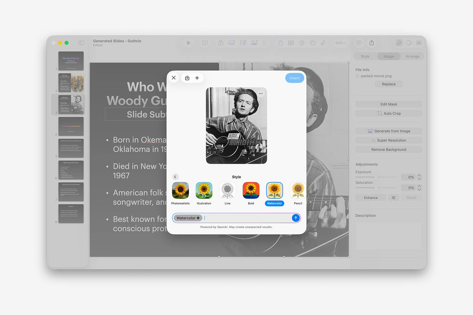 The Generate Image modal, offering options for Style, View and Aspect