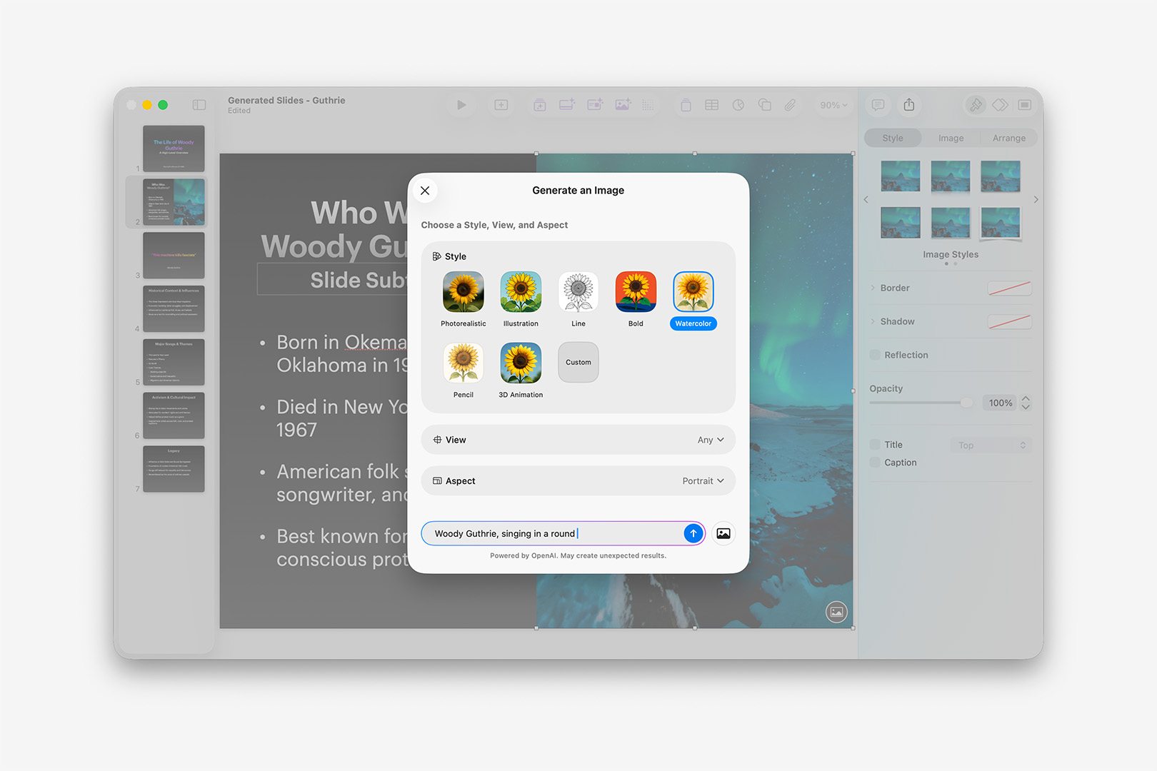 The Generate Image modal, offering options for Style, View and Aspect