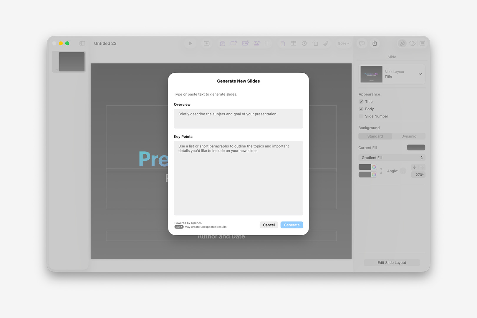The Generate Slides modal, offering inputs for Overview and Key Points
