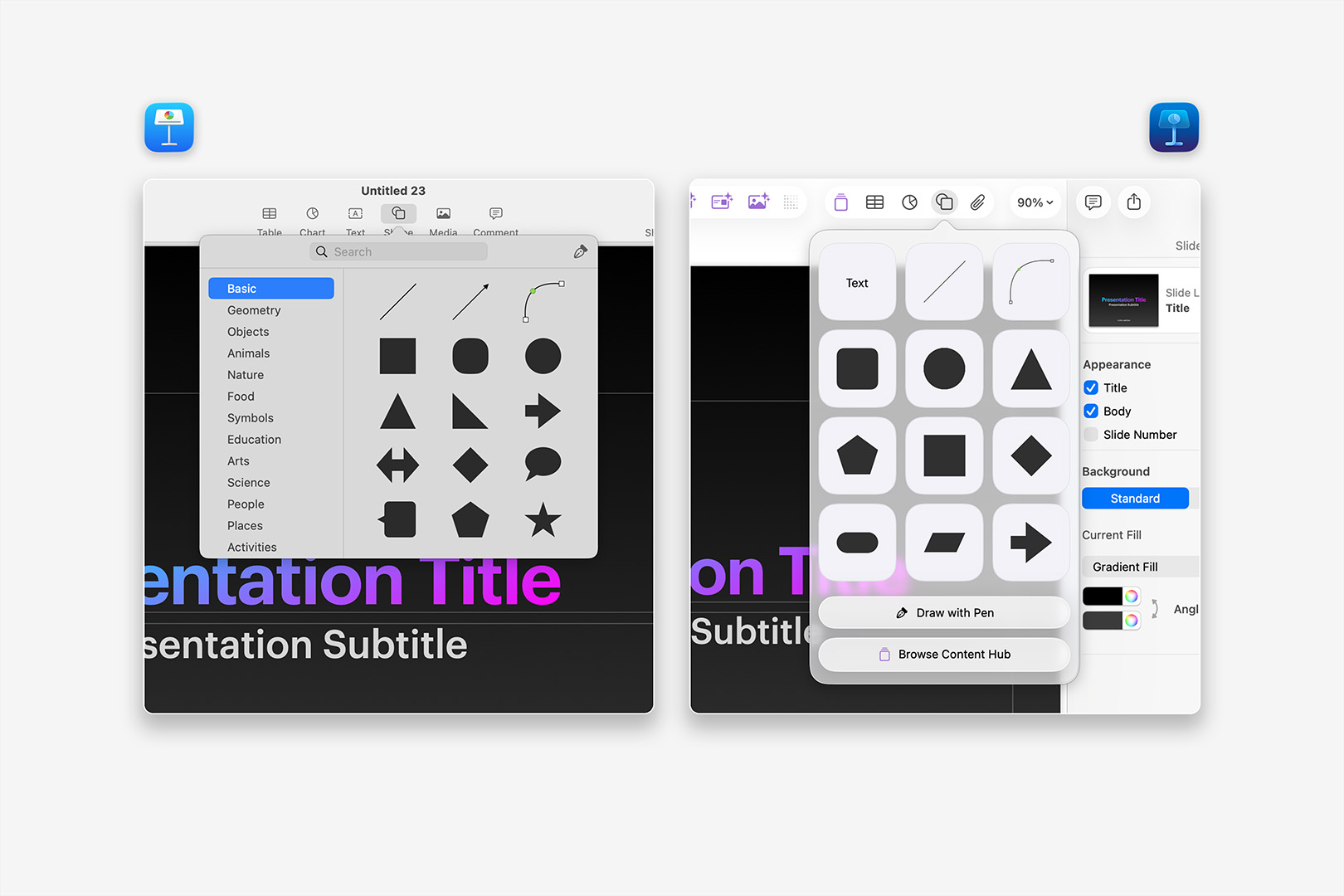 Comparison of the Keynote 14 and 15 Shape Palettes
