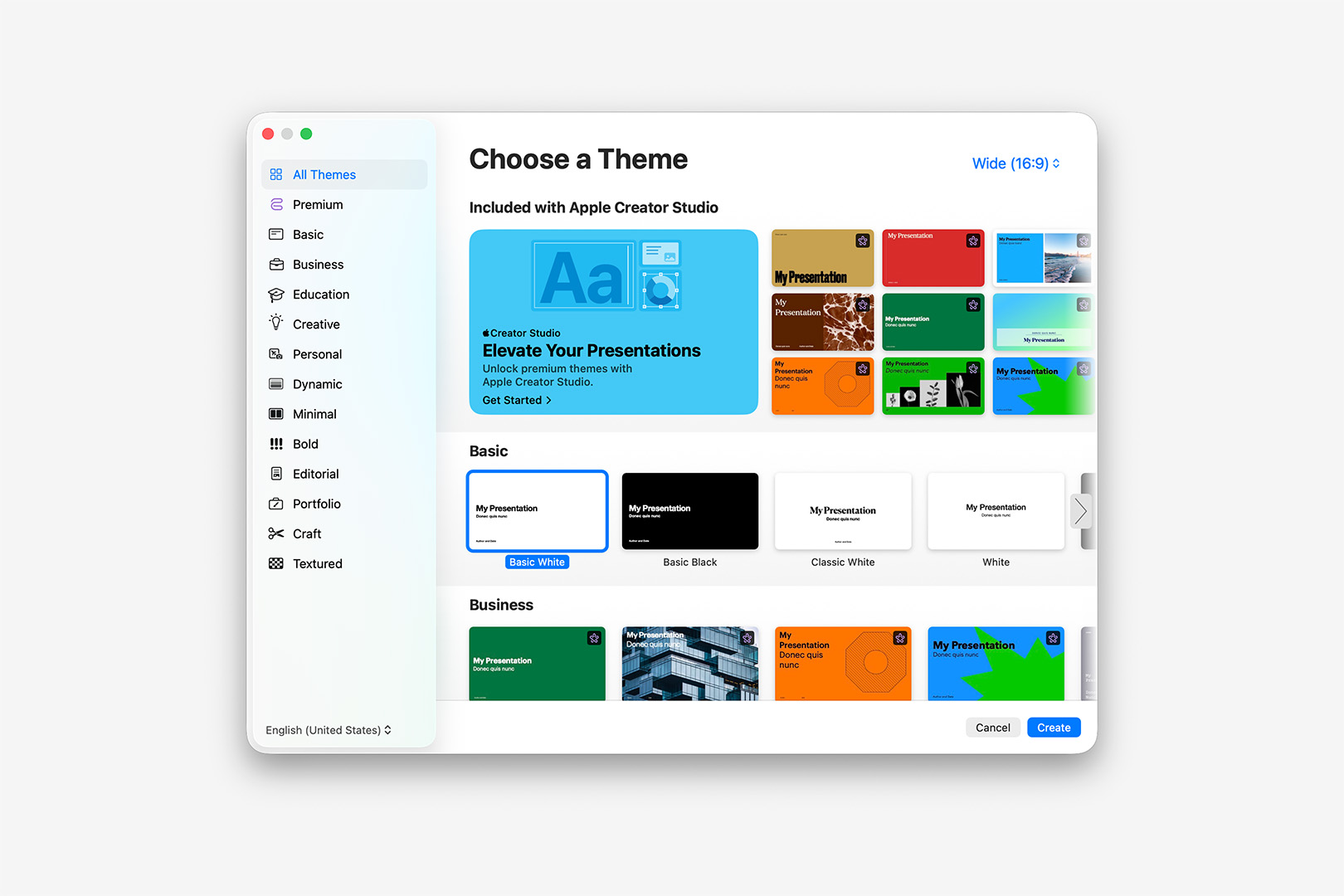 New Theme Chooser in Keynote, including promotions for Creator Studio