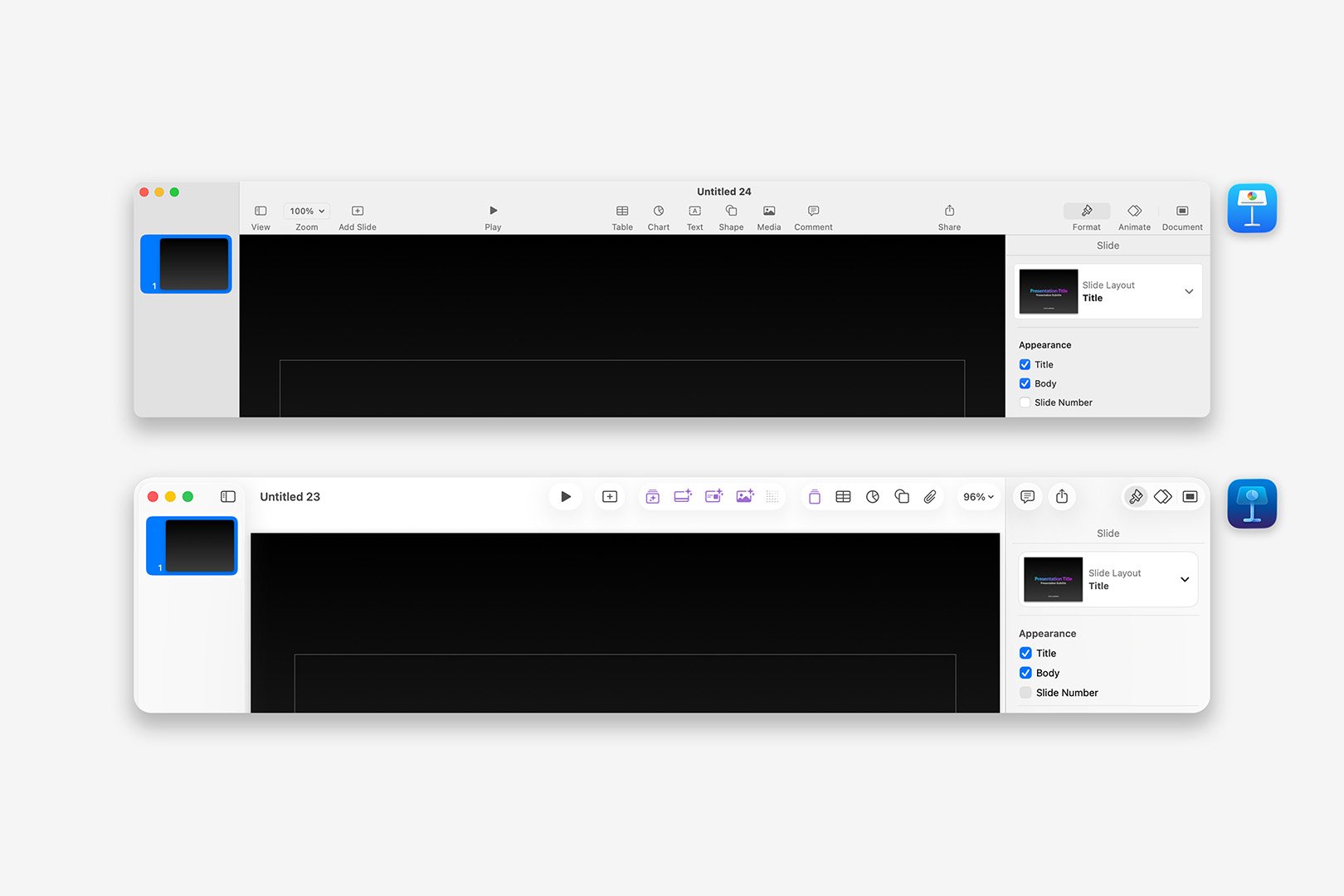 Comparison of the Keynote 14 and 15 Toolbars