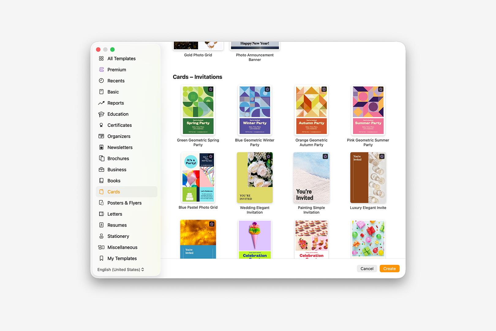 New Template Chooser in Pages, showing the newly expanded Cards category