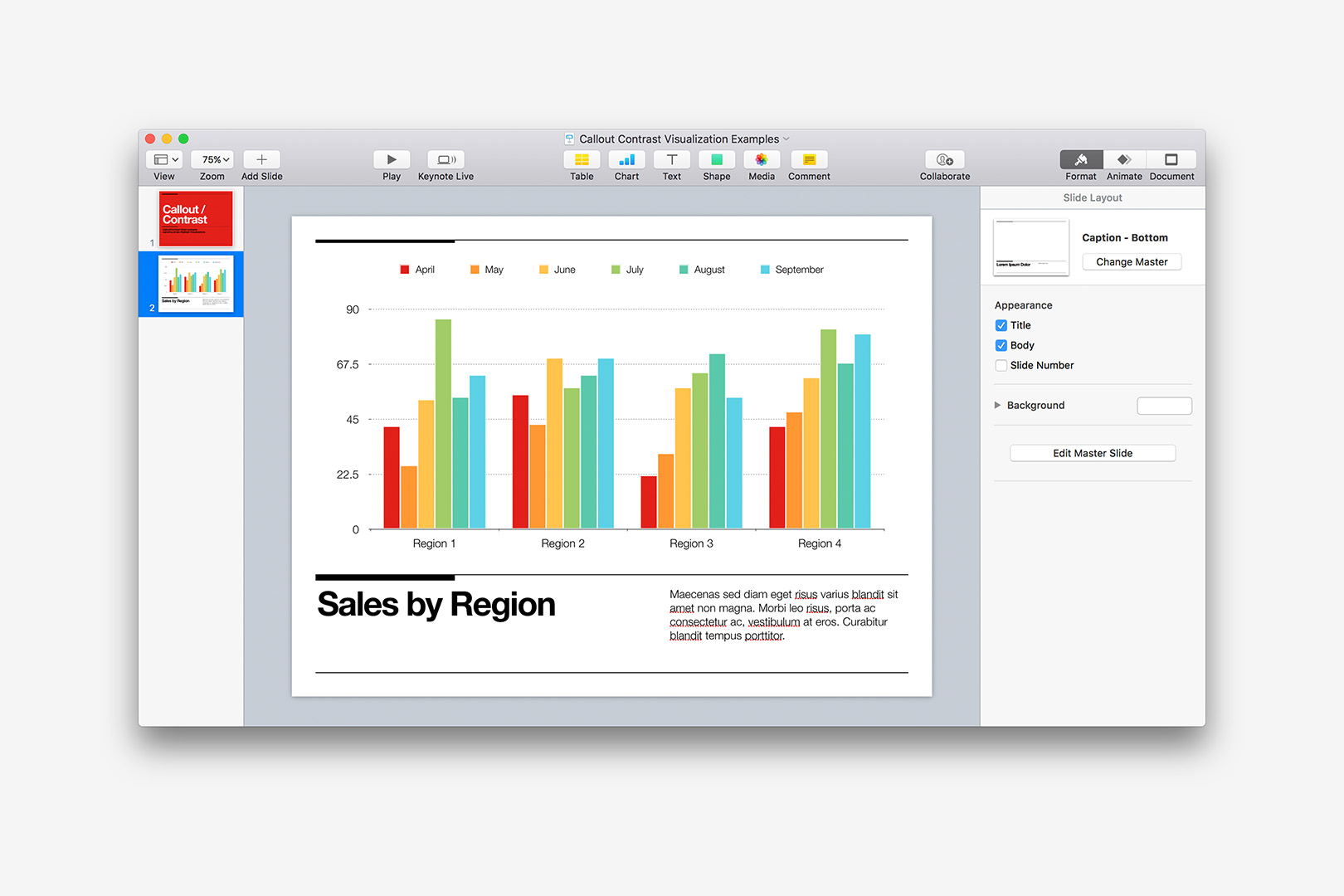 Our starting point is a default 2D Column Chart showing six months' data for four regions.