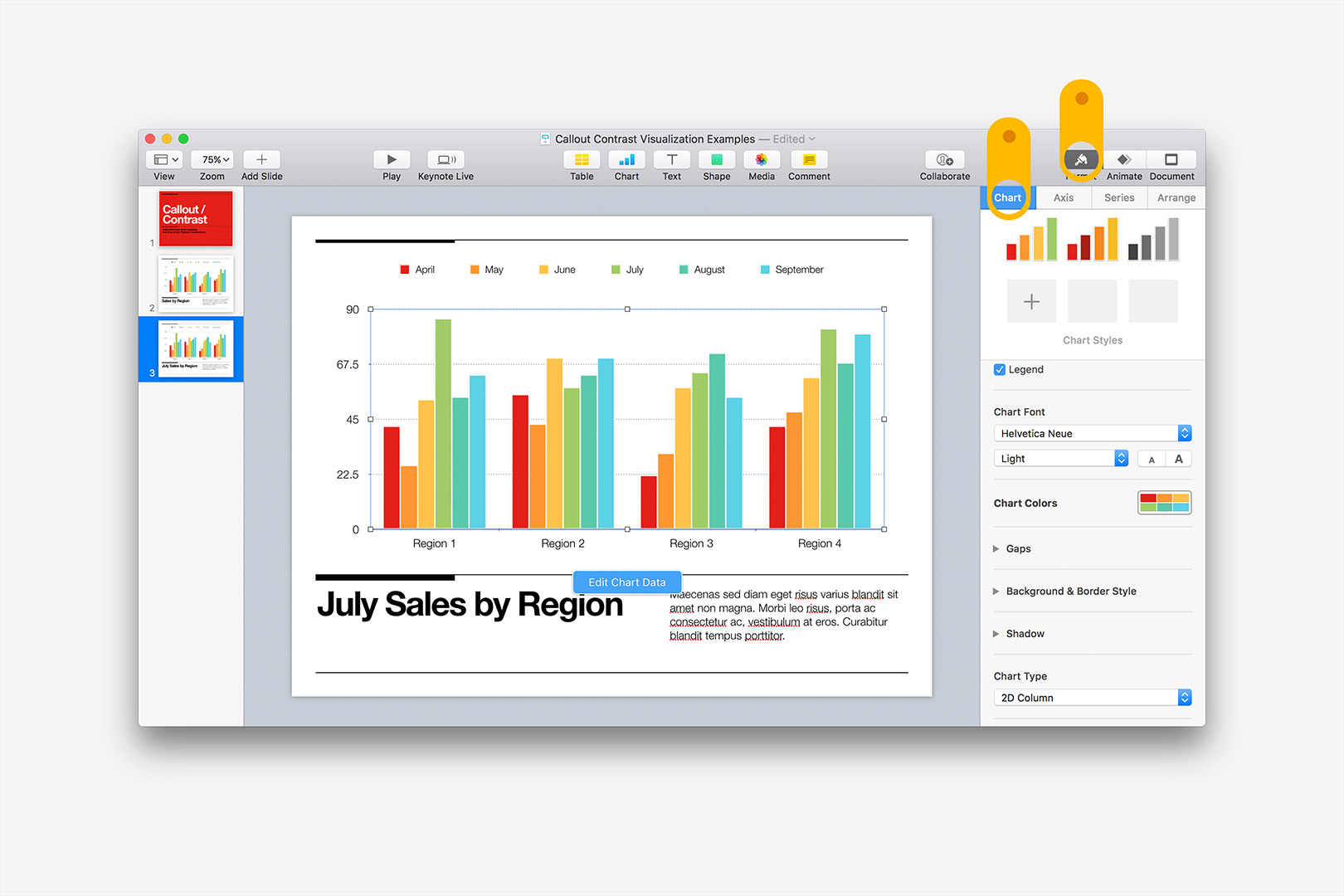 Step 1: Select the chart, and open the Format - Chart tab to expose the Chart Styles palette.